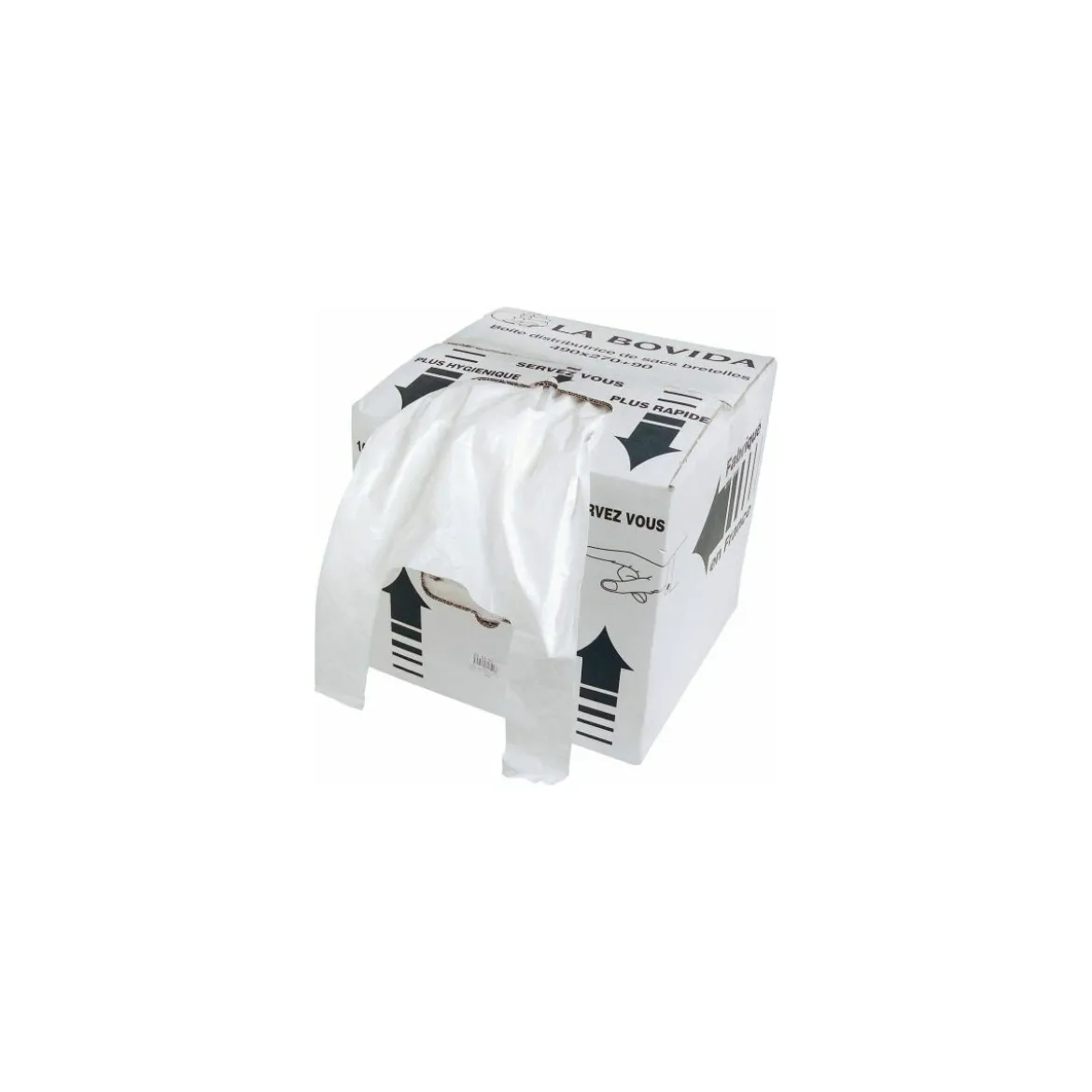 Sac bretelles amidon 50 µ blanc 45 x 26 + 6 cm en boite distributrice - par 500