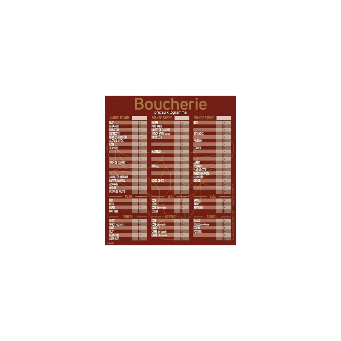 Tableau tarif boucherie Geotradi rouge