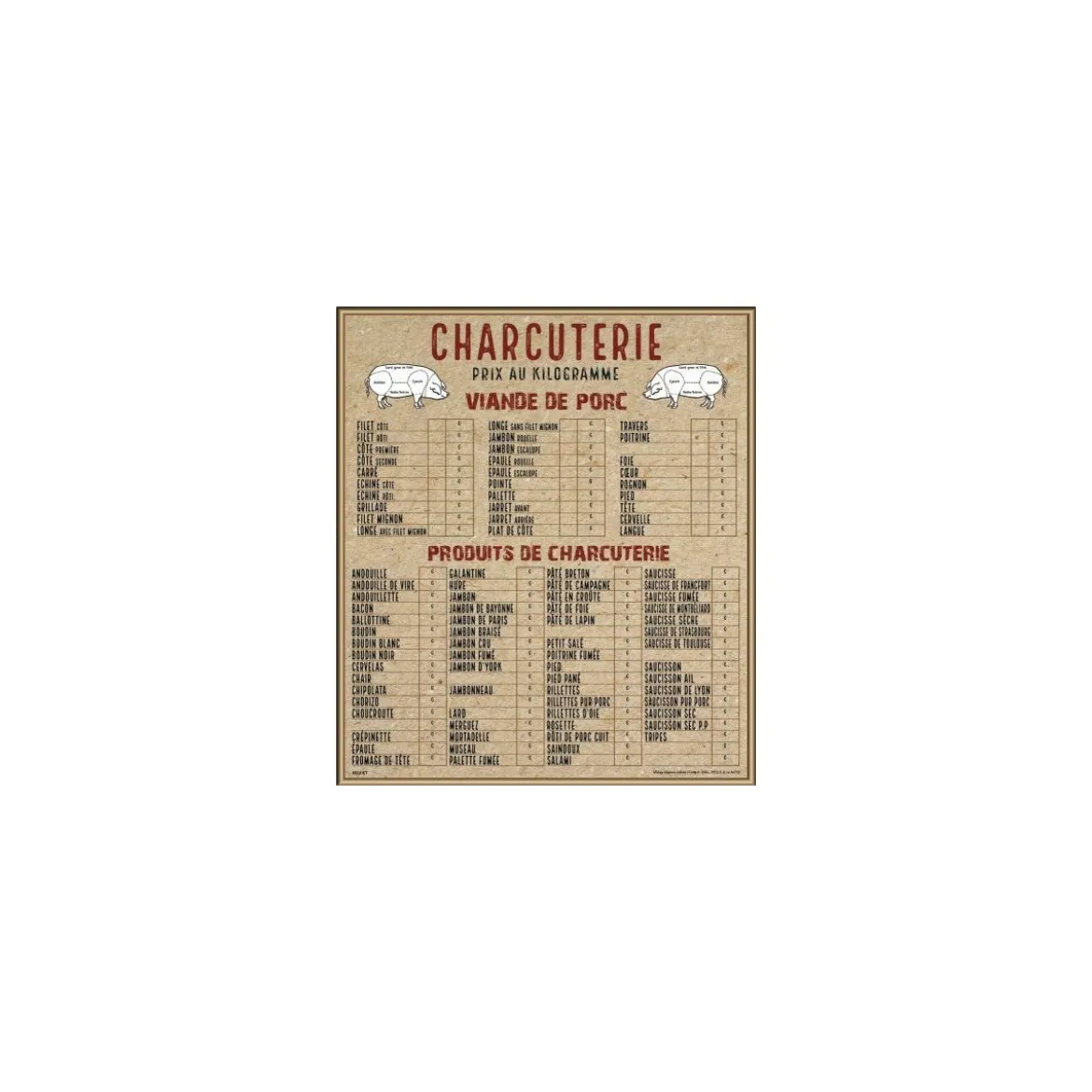 Tableau tarif charcuterie Deluxe 70 x 80 cm