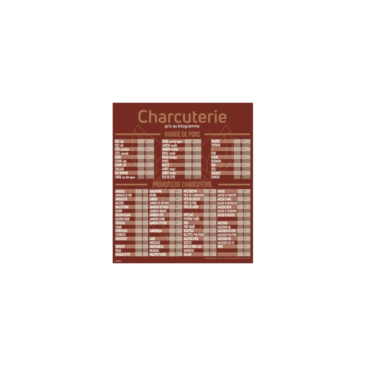 Tableau tarif charcuterie Géotradi rouge